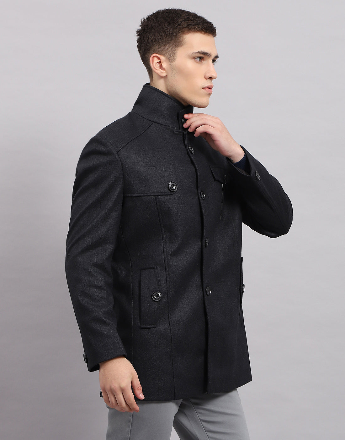 Men Navy Blue Self Design Band Collar Full Sleeve Coat