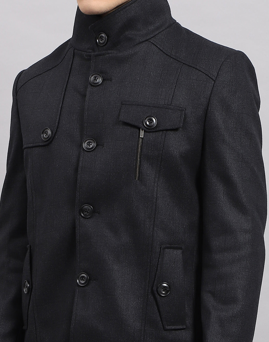 Men Navy Blue Self Design Band Collar Full Sleeve Coat