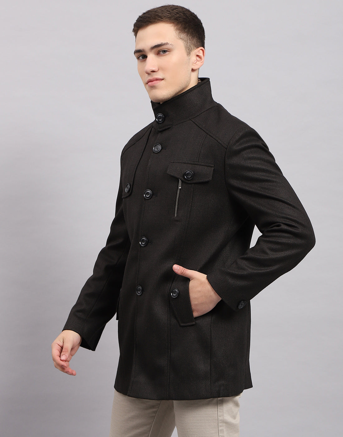 Men Black Self Design Band Collar Full Sleeve Coat