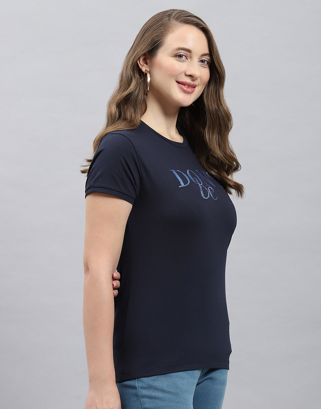 Women Blue Solid Round Neck Half Sleeve Top