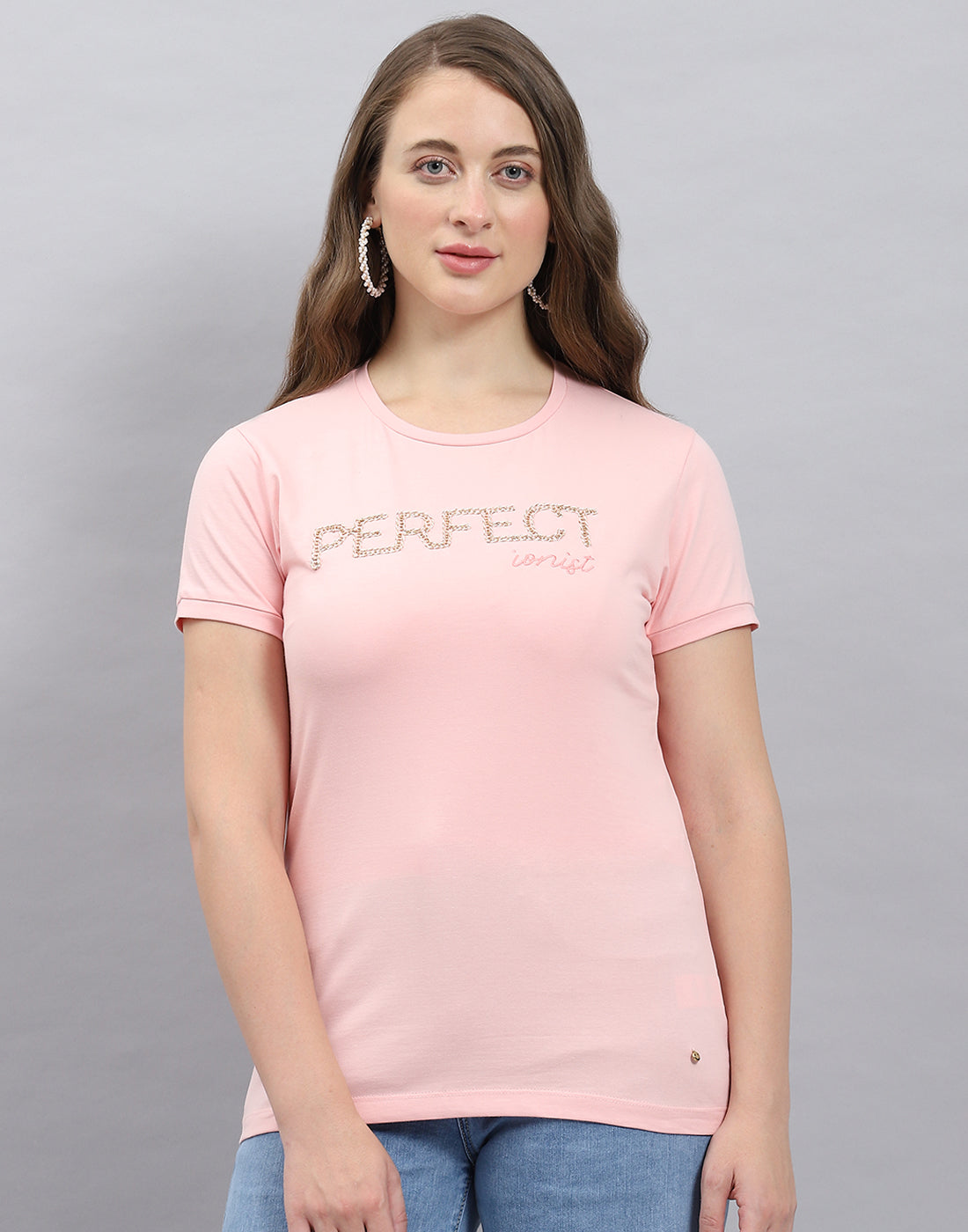 Women Pink Solid Round Neck Half Sleeve Top