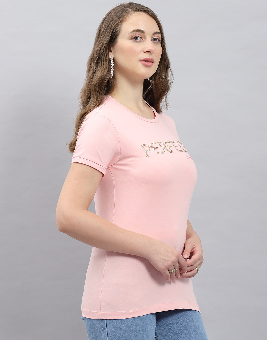 Women Pink Solid Round Neck Half Sleeve Top