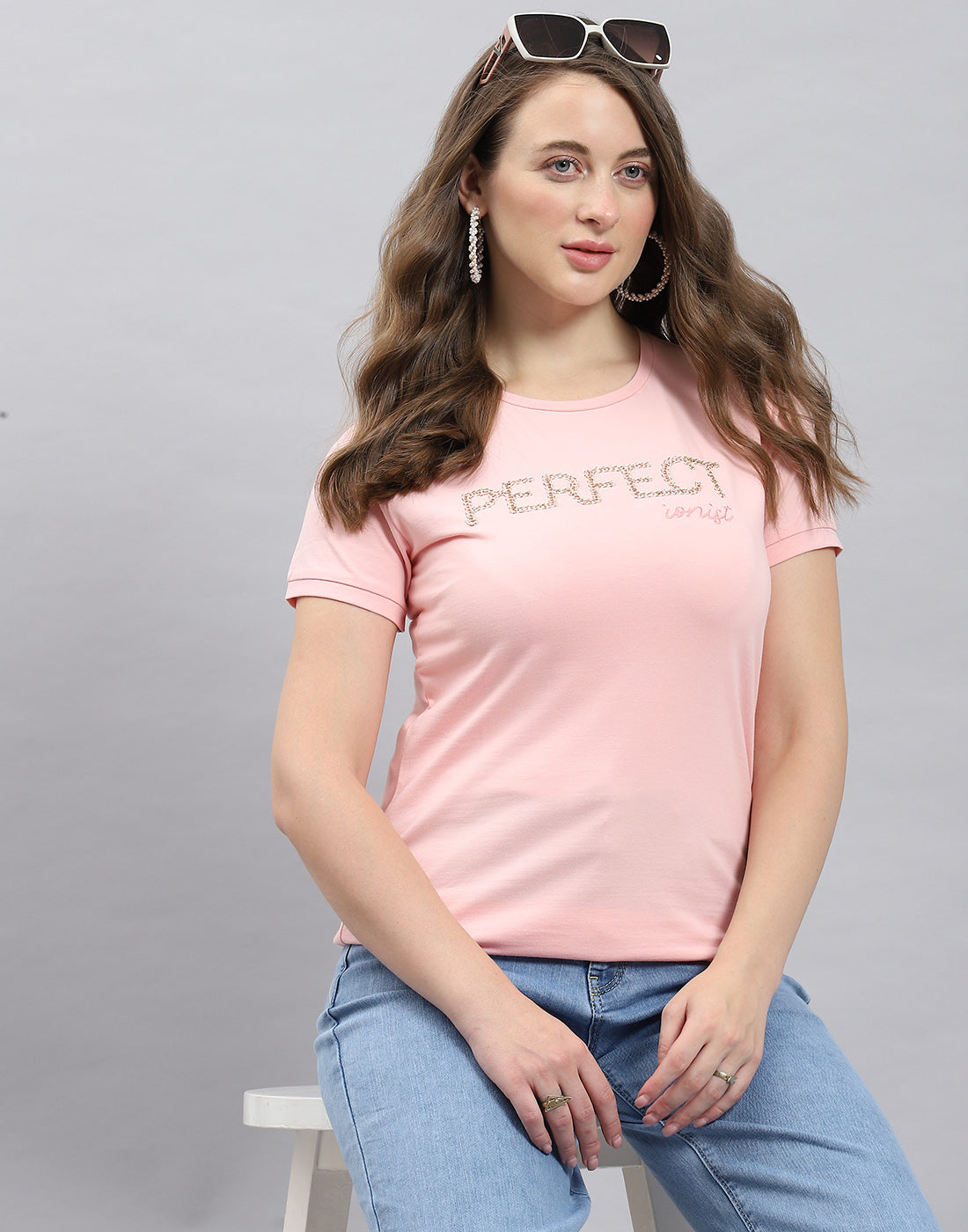 Women Pink Solid Round Neck Half Sleeve Top