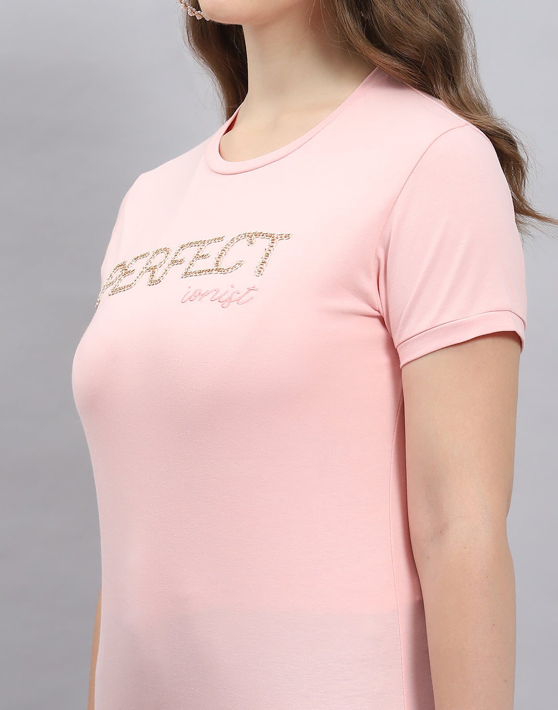 Women Pink Solid Round Neck Half Sleeve Top