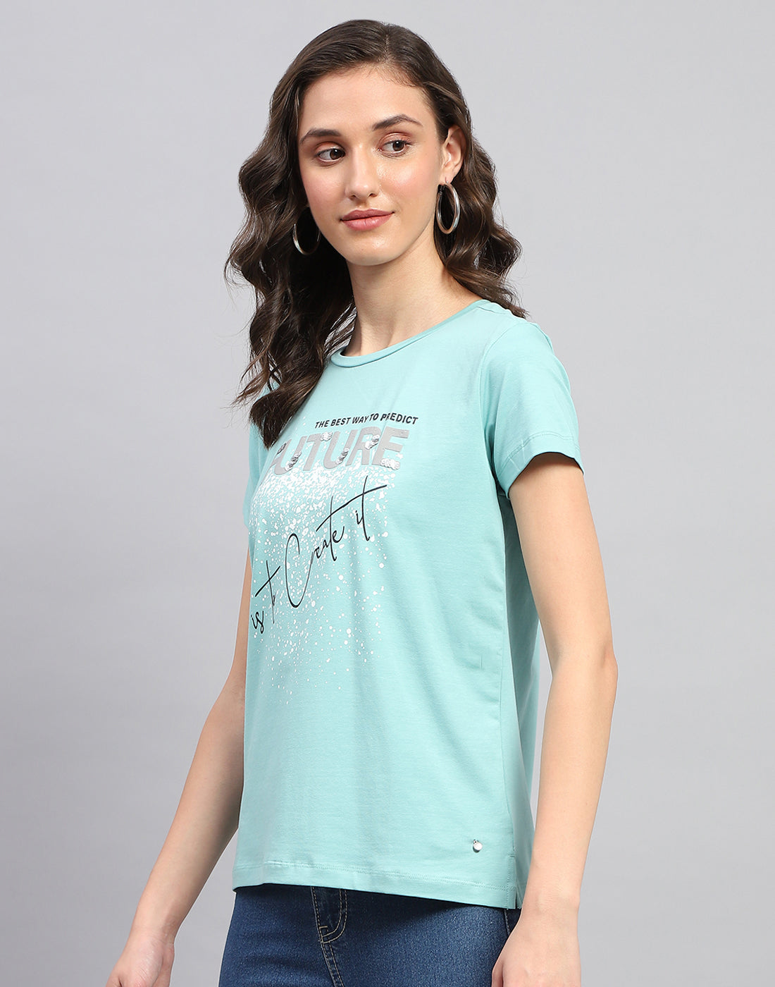 Women Blue Printed Round Neck Half Sleeve Top