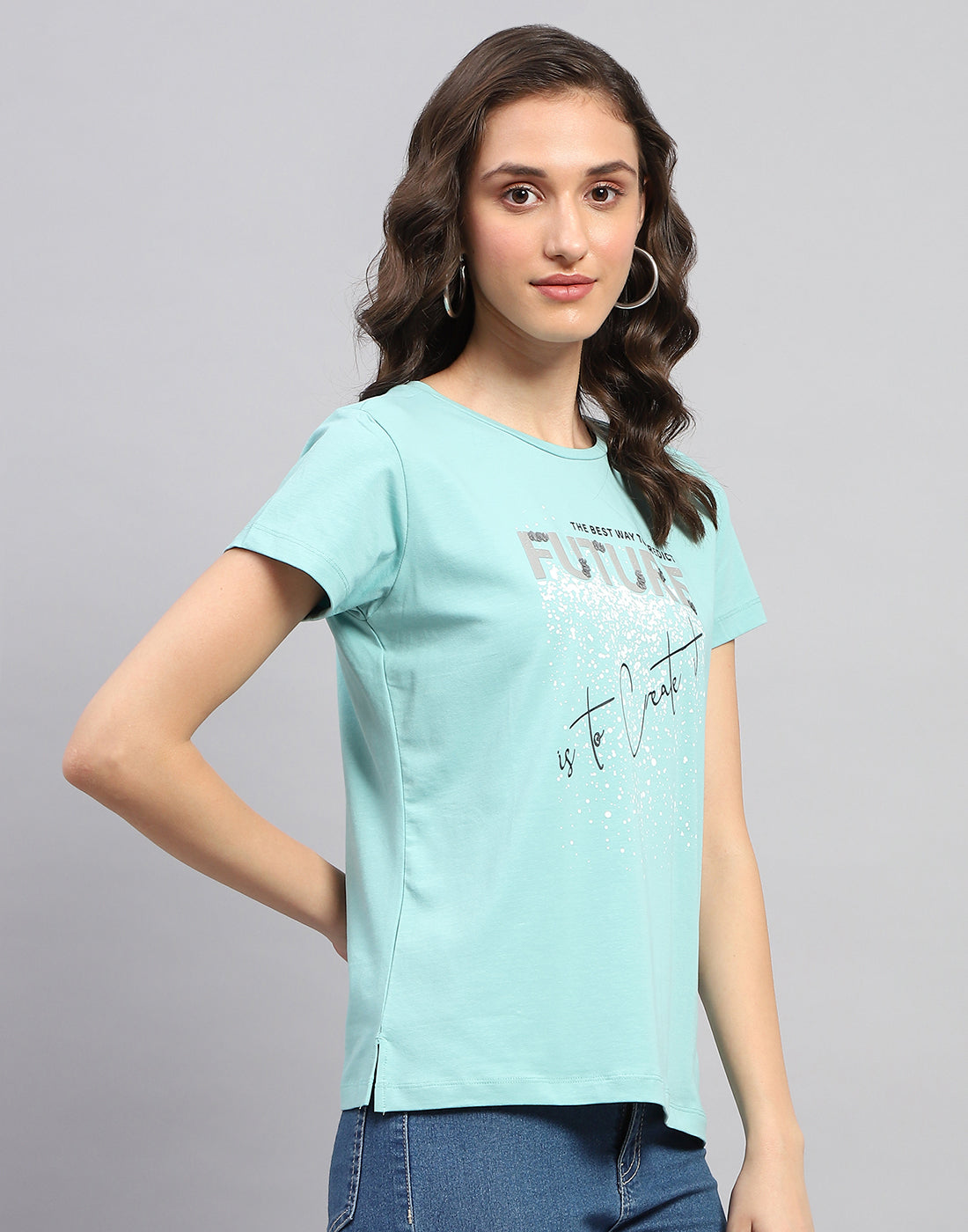 Women Blue Printed Round Neck Half Sleeve Top