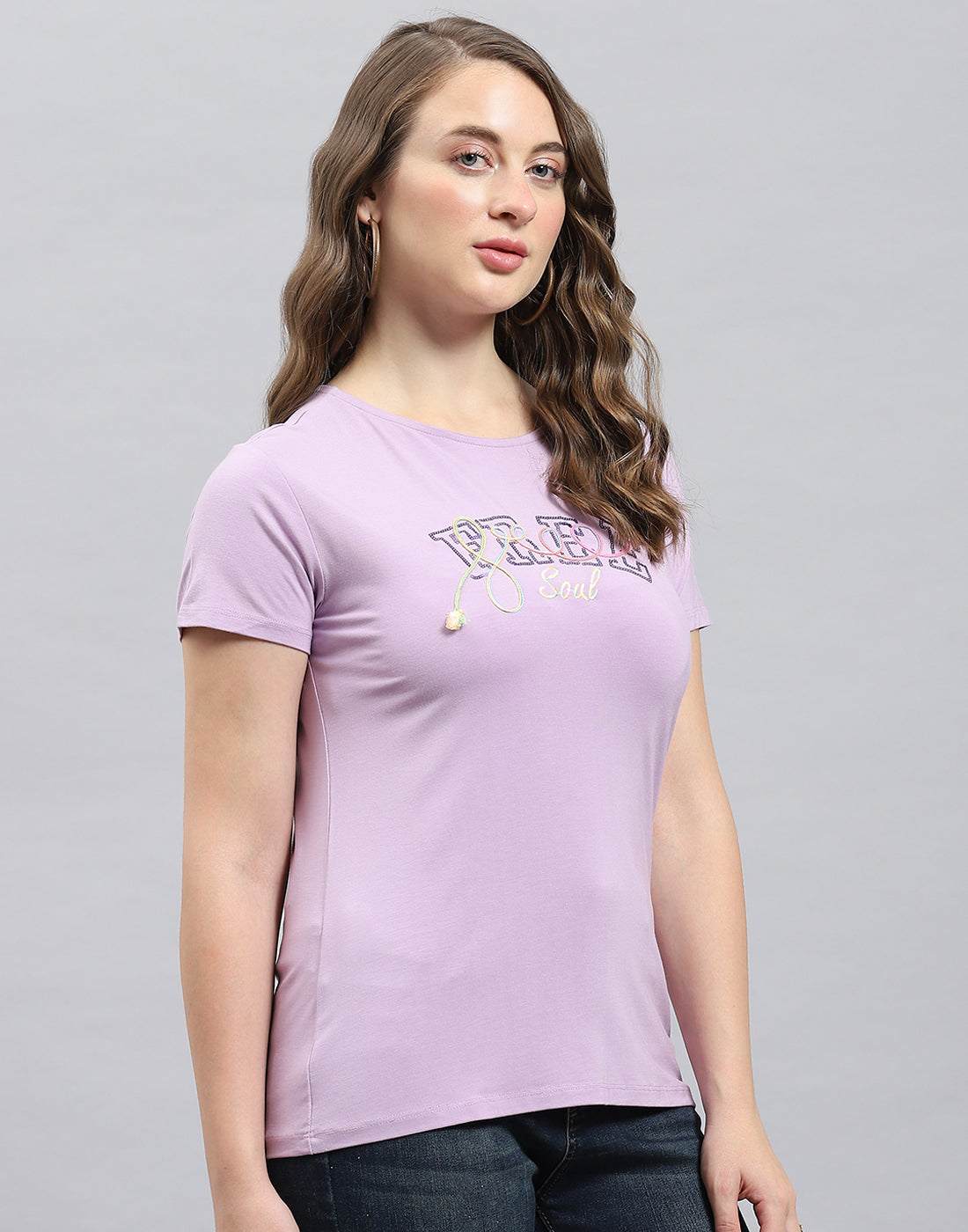 Women Purple Solid Round Neck Half Sleeve Top