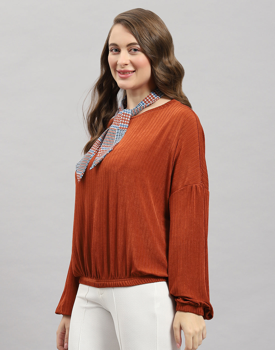 Women Rust Self Design Round Neck Full Sleeve Winter Top