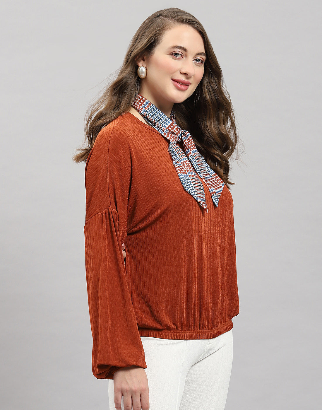 Women Rust Self Design Round Neck Full Sleeve Winter Top