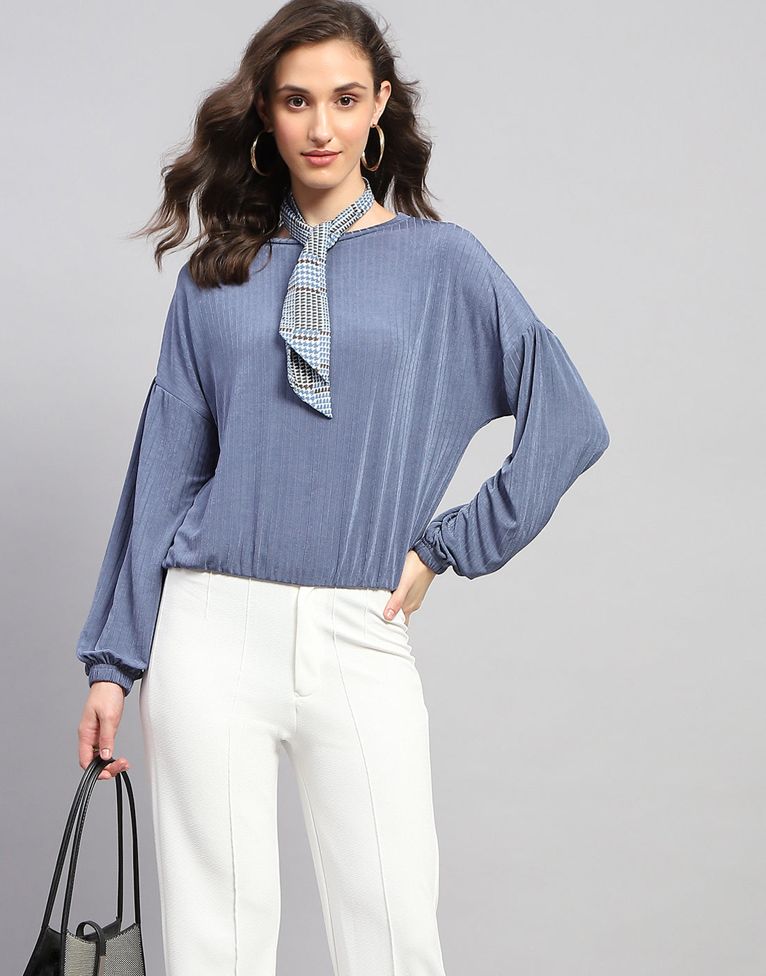 Women Blue Self Design Round Neck Full Sleeve Winter Top