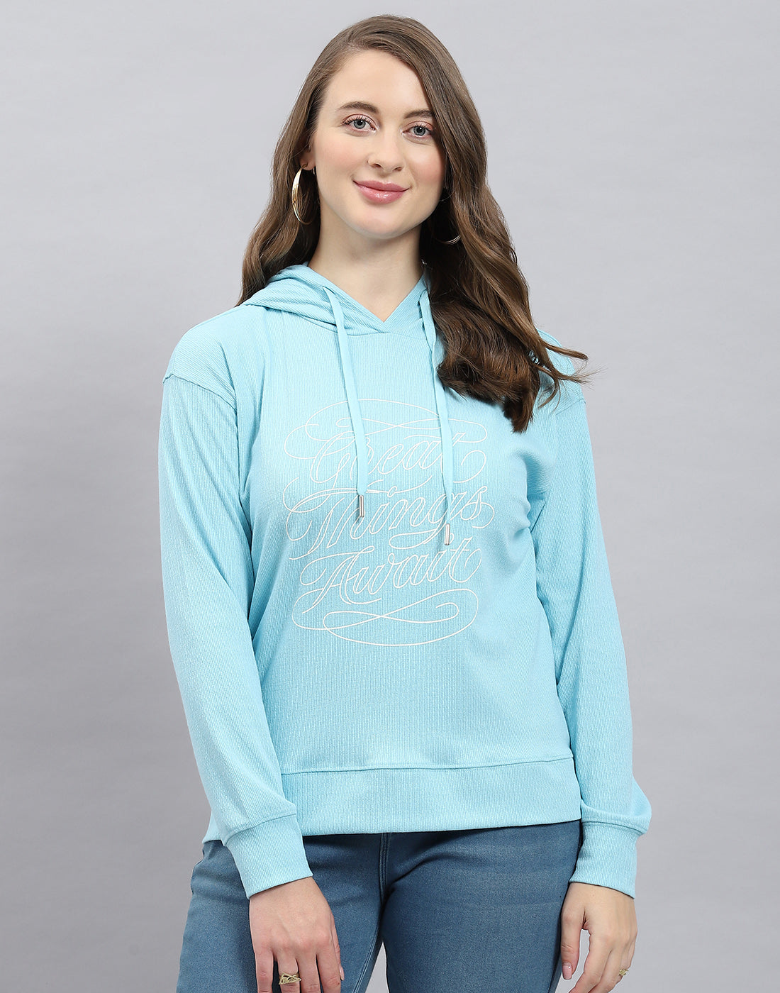 Women Blue Printed Hooded Full Sleeve Winter Top