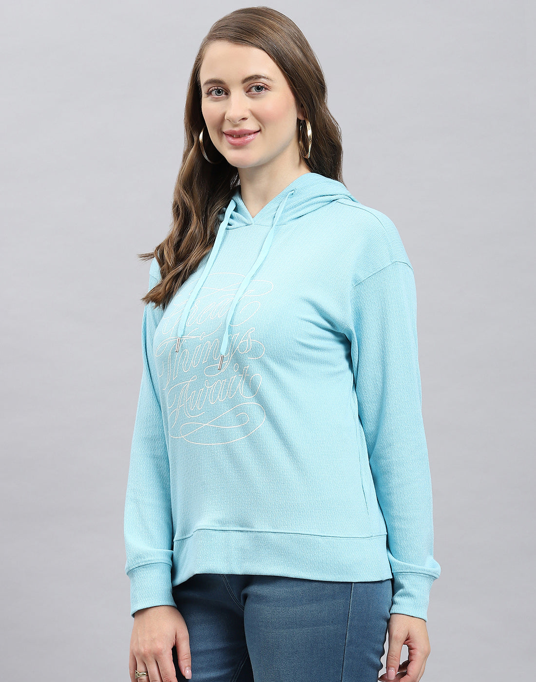 Women Blue Printed Hooded Full Sleeve Winter Top