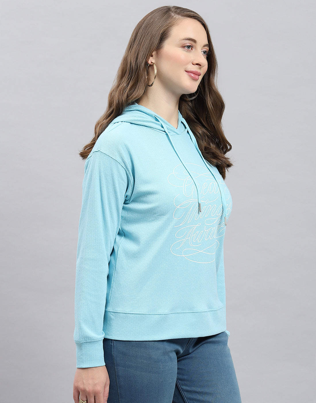 Women Blue Printed Hooded Full Sleeve Winter Top