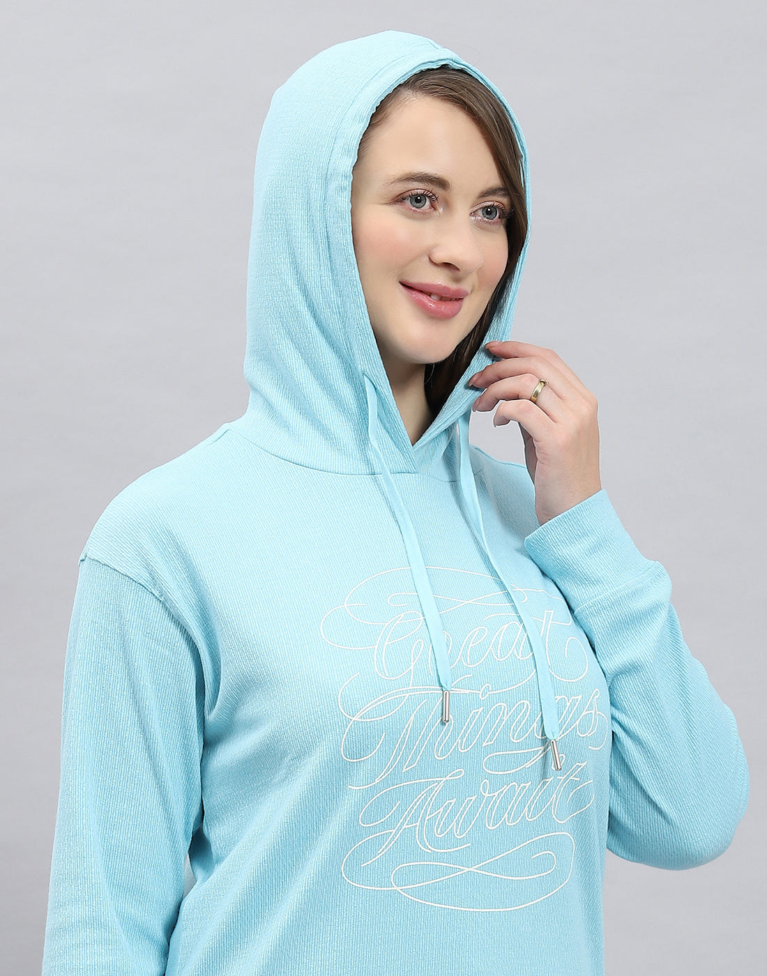 Women Blue Printed Hooded Full Sleeve Winter Top