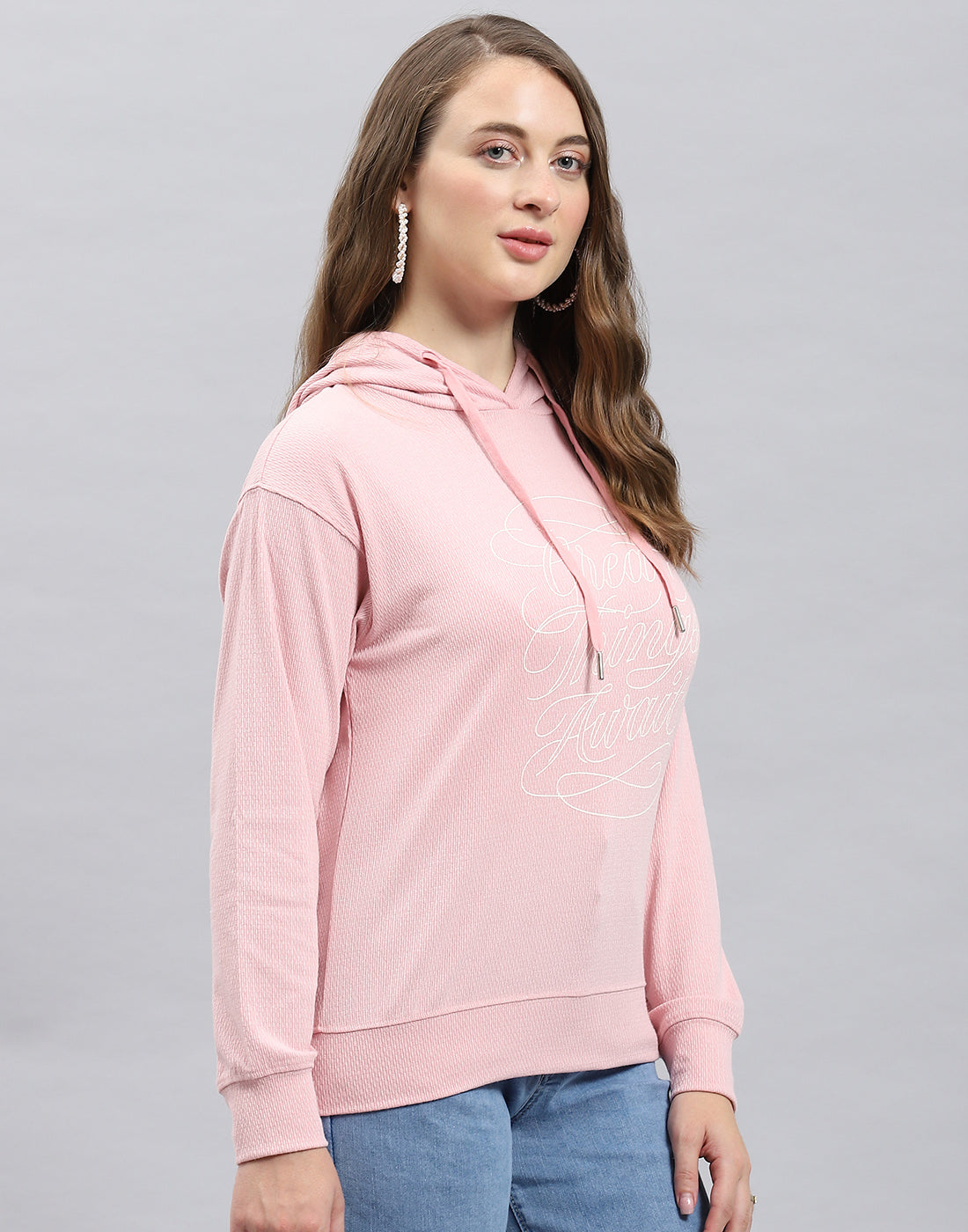 Women Pink Printed Hooded Full Sleeve Winter Top