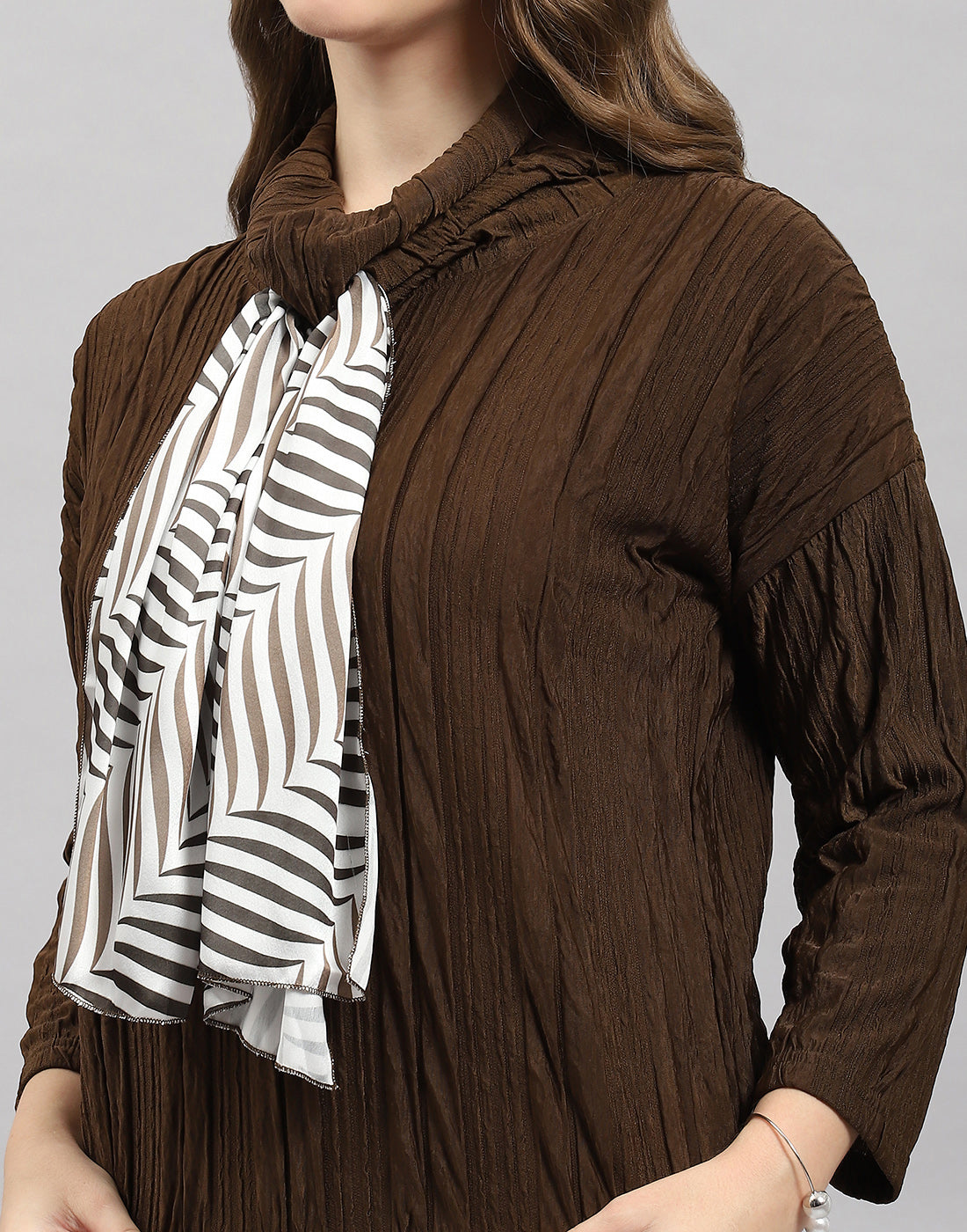 Women Brown Solid Mock Neck Full Sleeve Winter Top