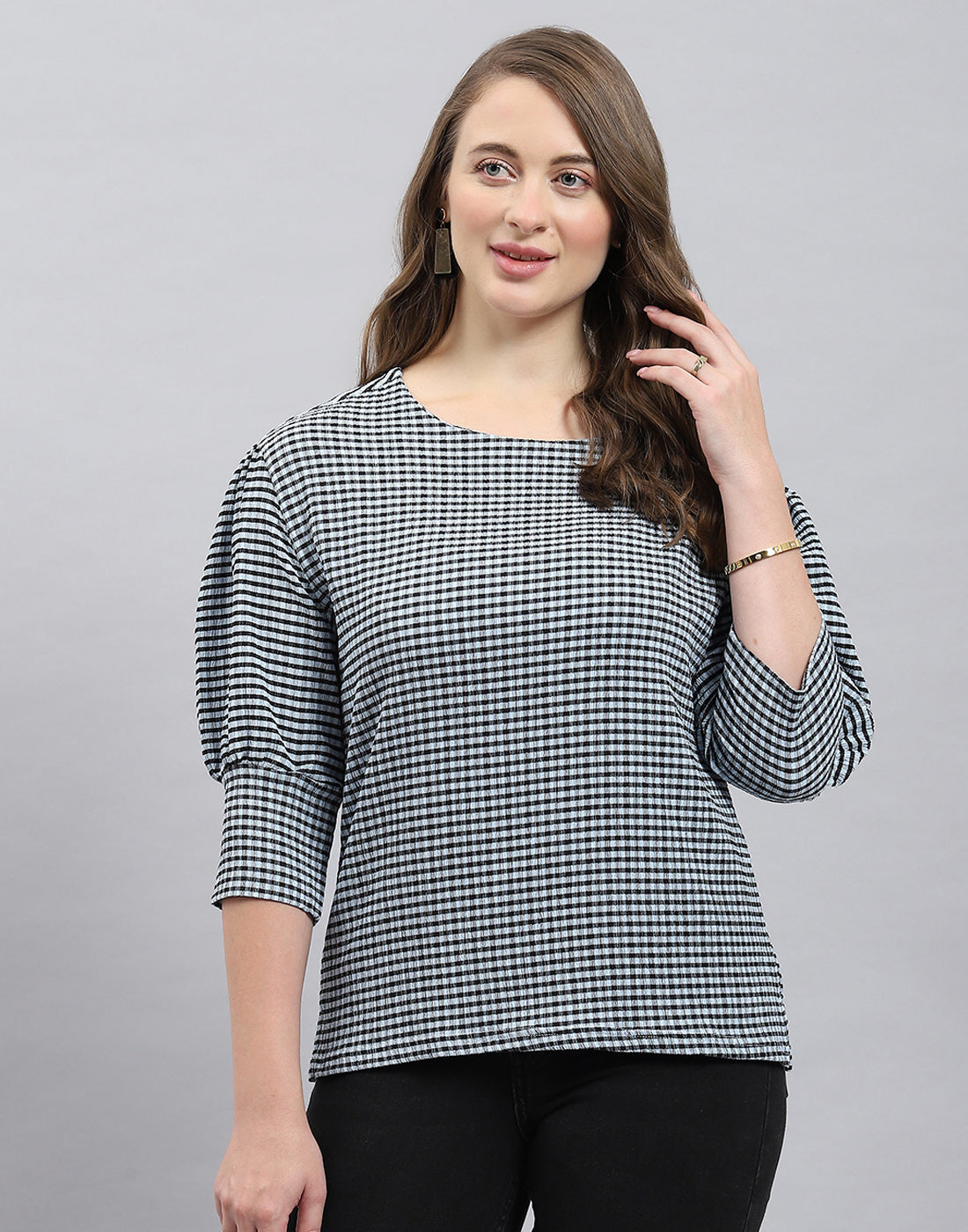 Women Black Check Round Neck 3/4th Sleeve Top