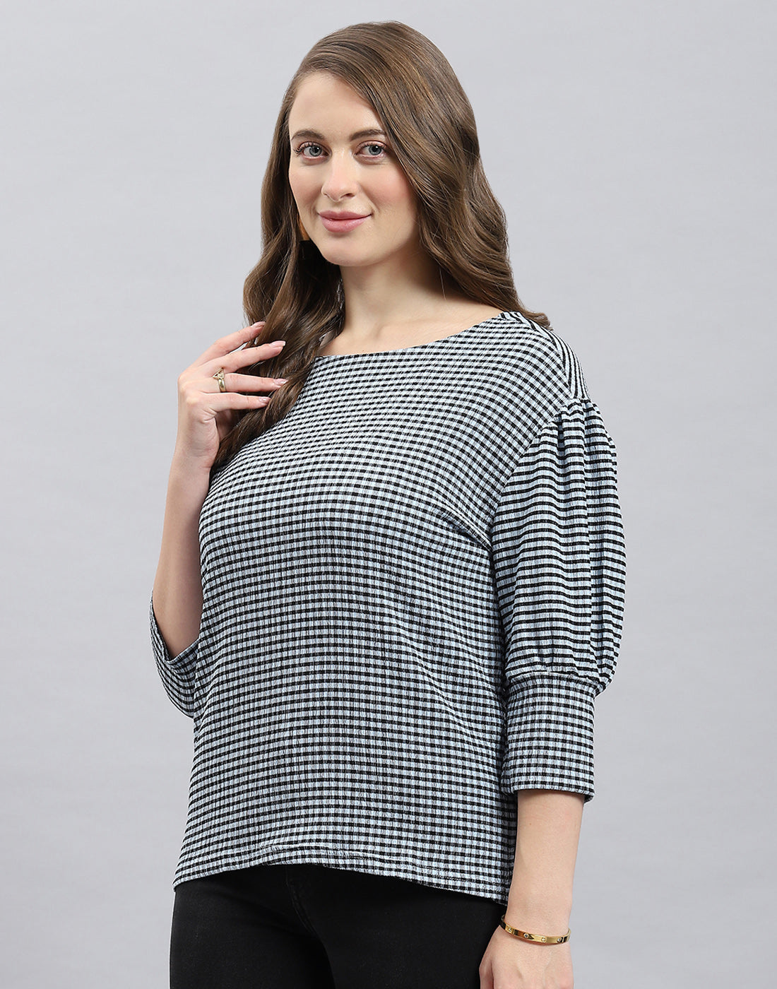 Women Black Check Round Neck 3/4th Sleeve Top