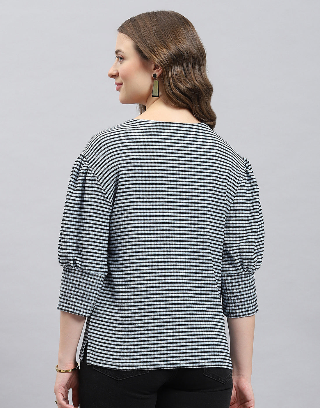 Women Black Check Round Neck 3/4th Sleeve Top