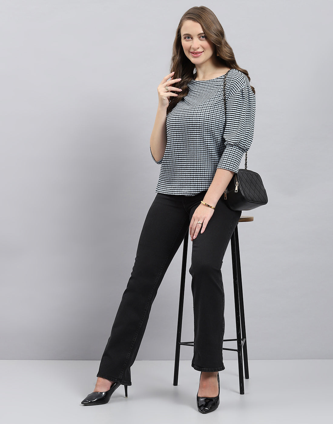 Women Black Check Round Neck 3/4th Sleeve Top