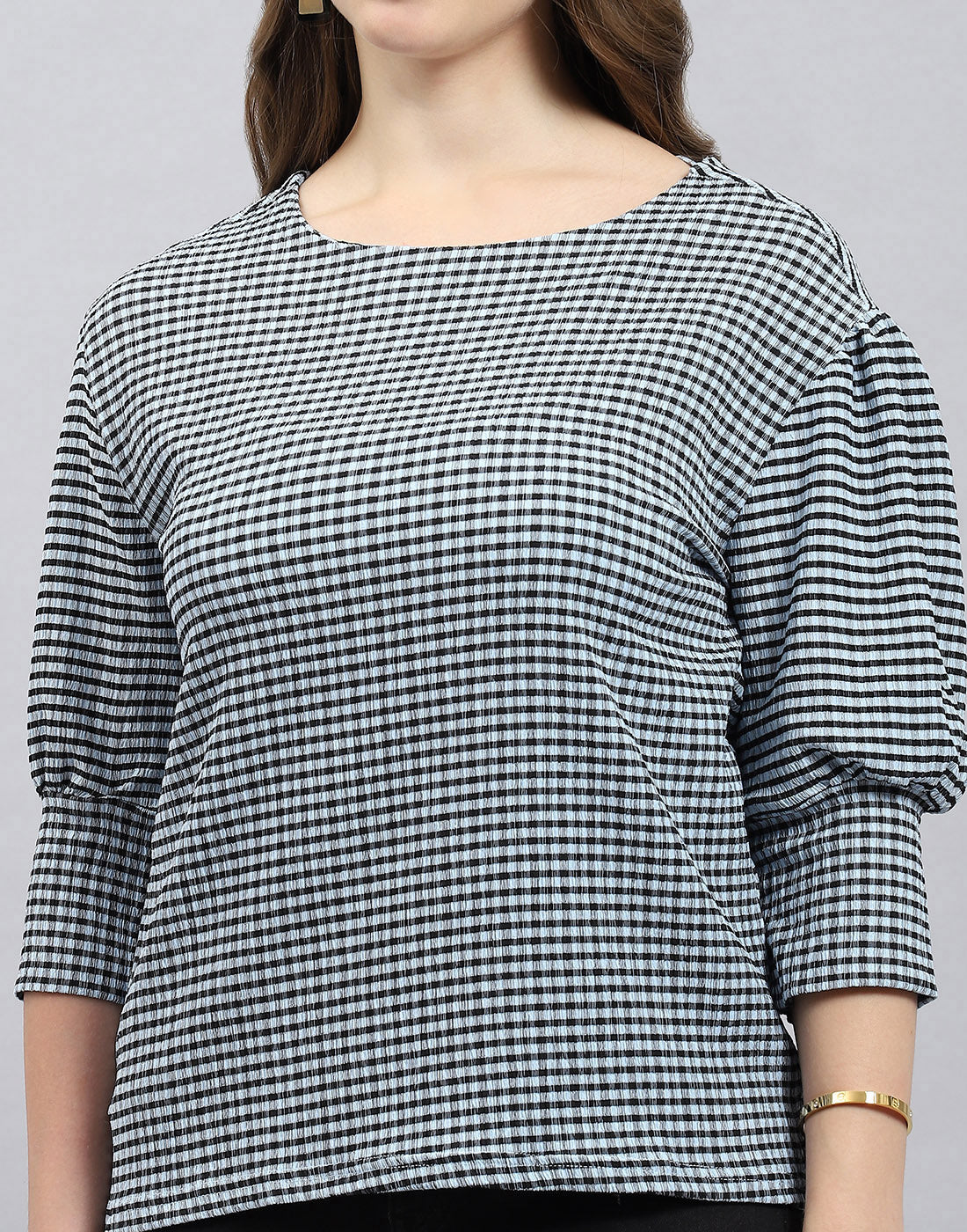 Women Black Check Round Neck 3/4th Sleeve Top