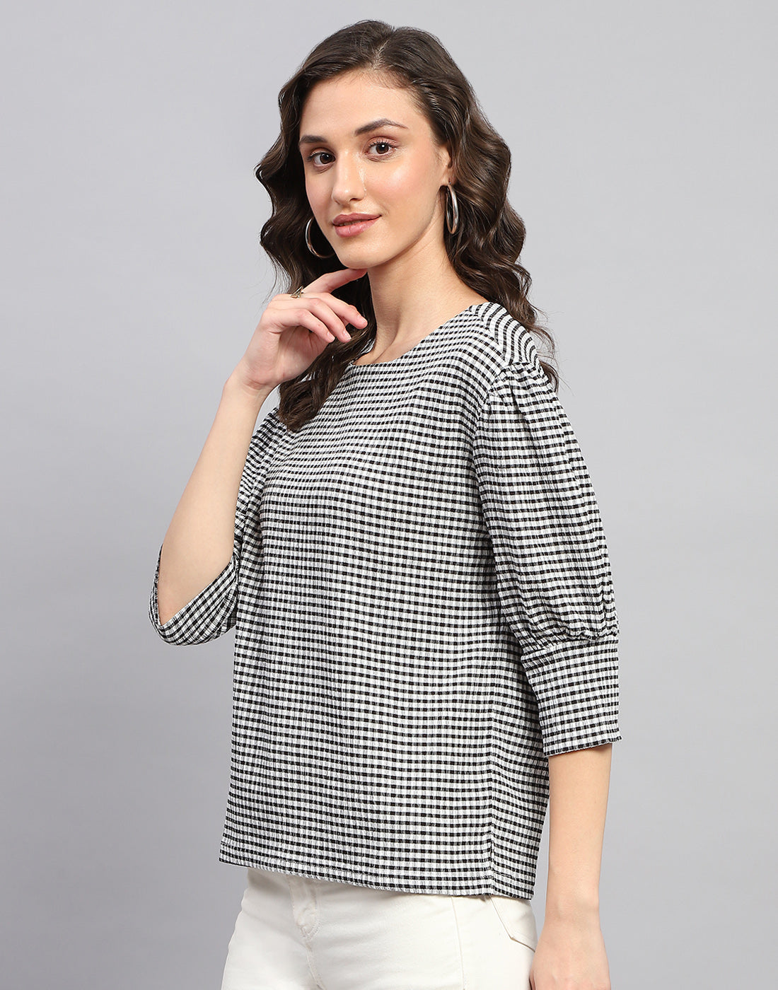 Women Black Check Round Neck 3/4th Sleeve Top