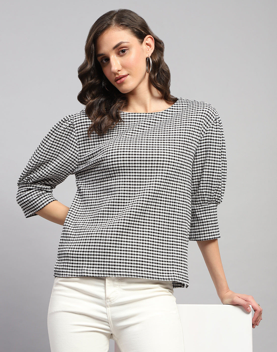 Women Black Check Round Neck 3/4th Sleeve Top