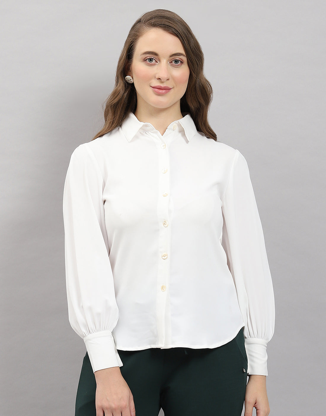 Women White Solid Collar Full Sleeve Top