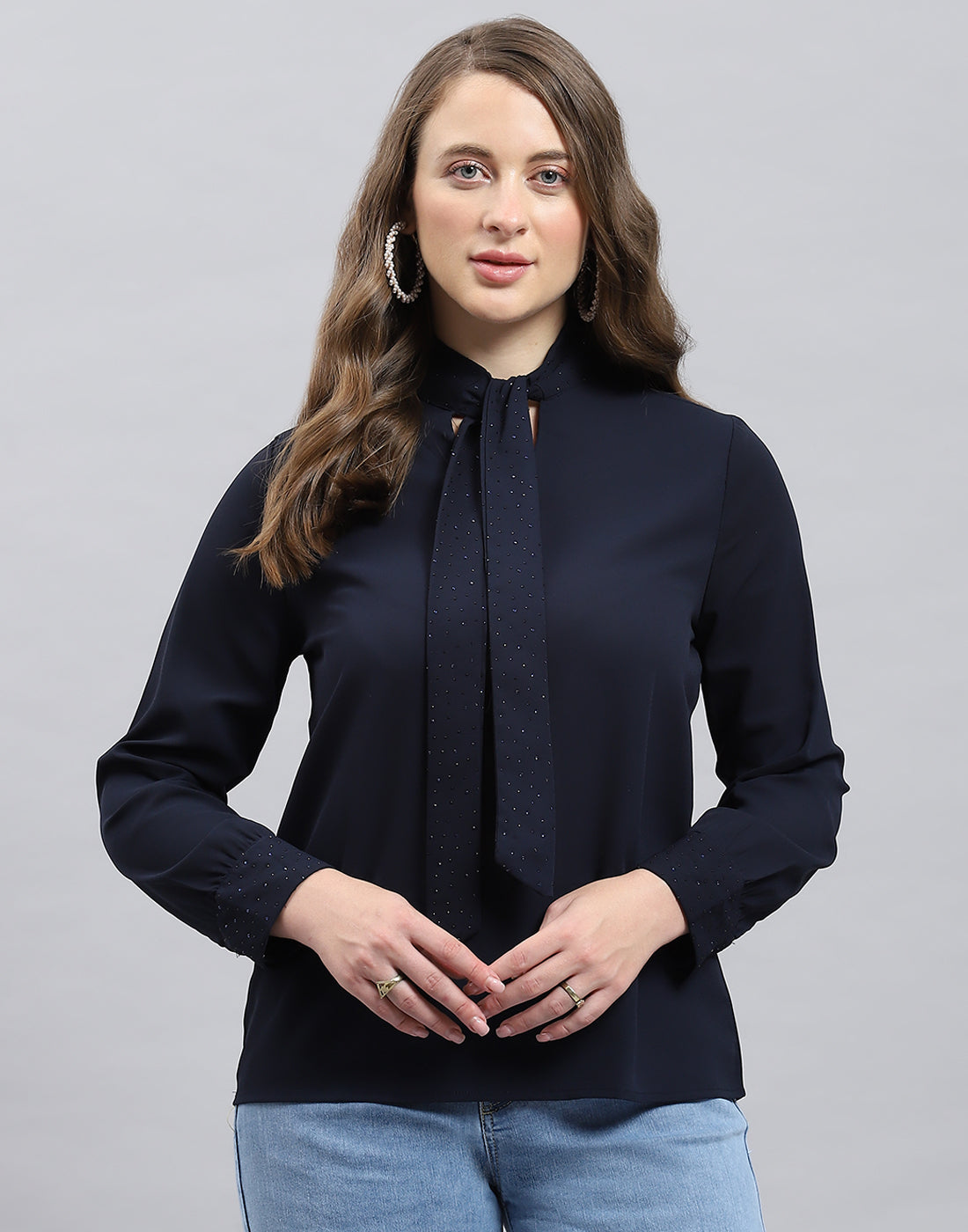 Women Navy Blue Solid Mock Neck Full Sleeve Winter Top