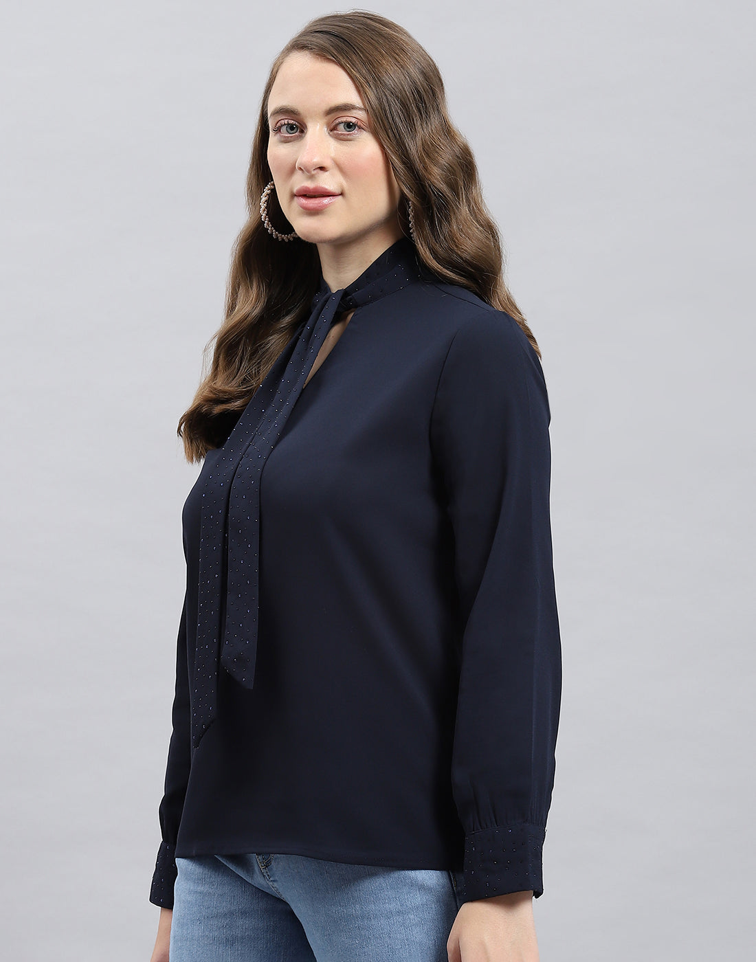 Women Navy Blue Solid Mock Neck Full Sleeve Winter Top