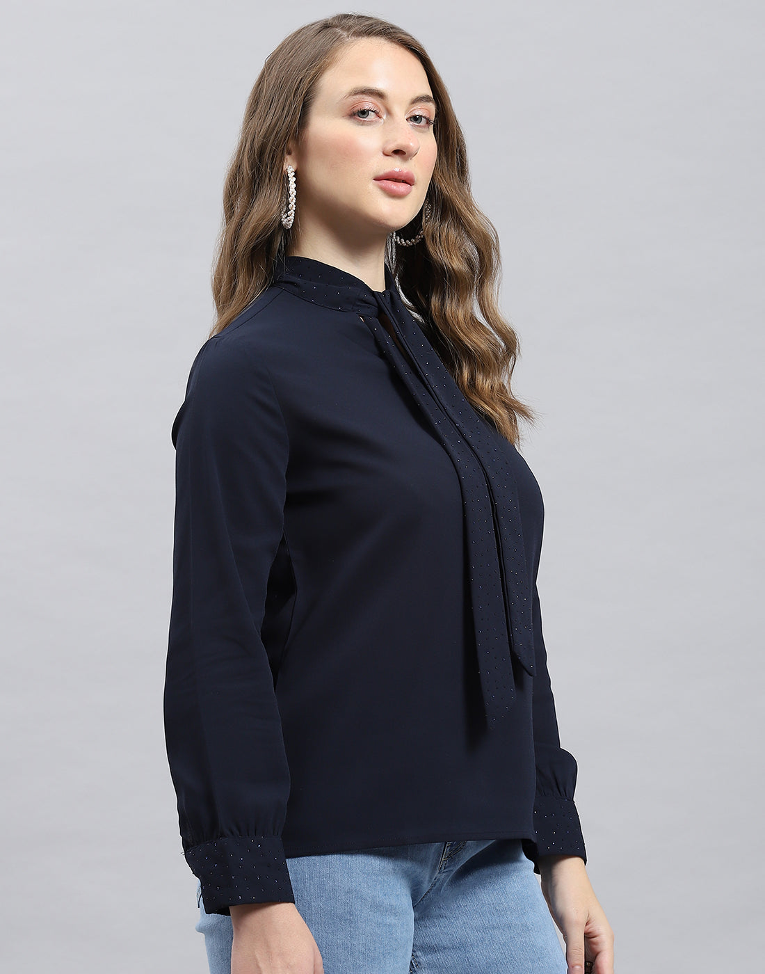 Women Navy Blue Solid Mock Neck Full Sleeve Winter Top