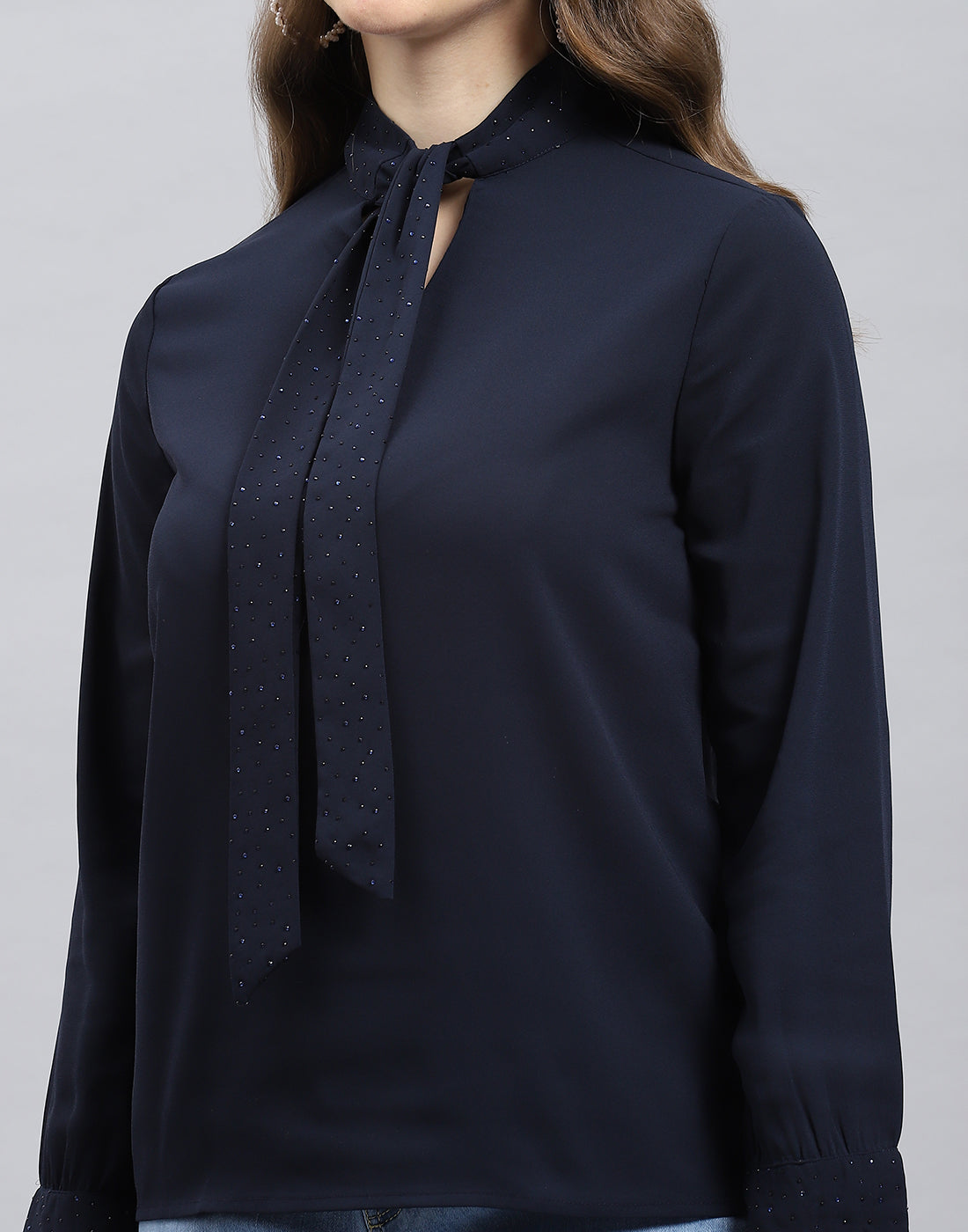 Women Navy Blue Solid Mock Neck Full Sleeve Winter Top