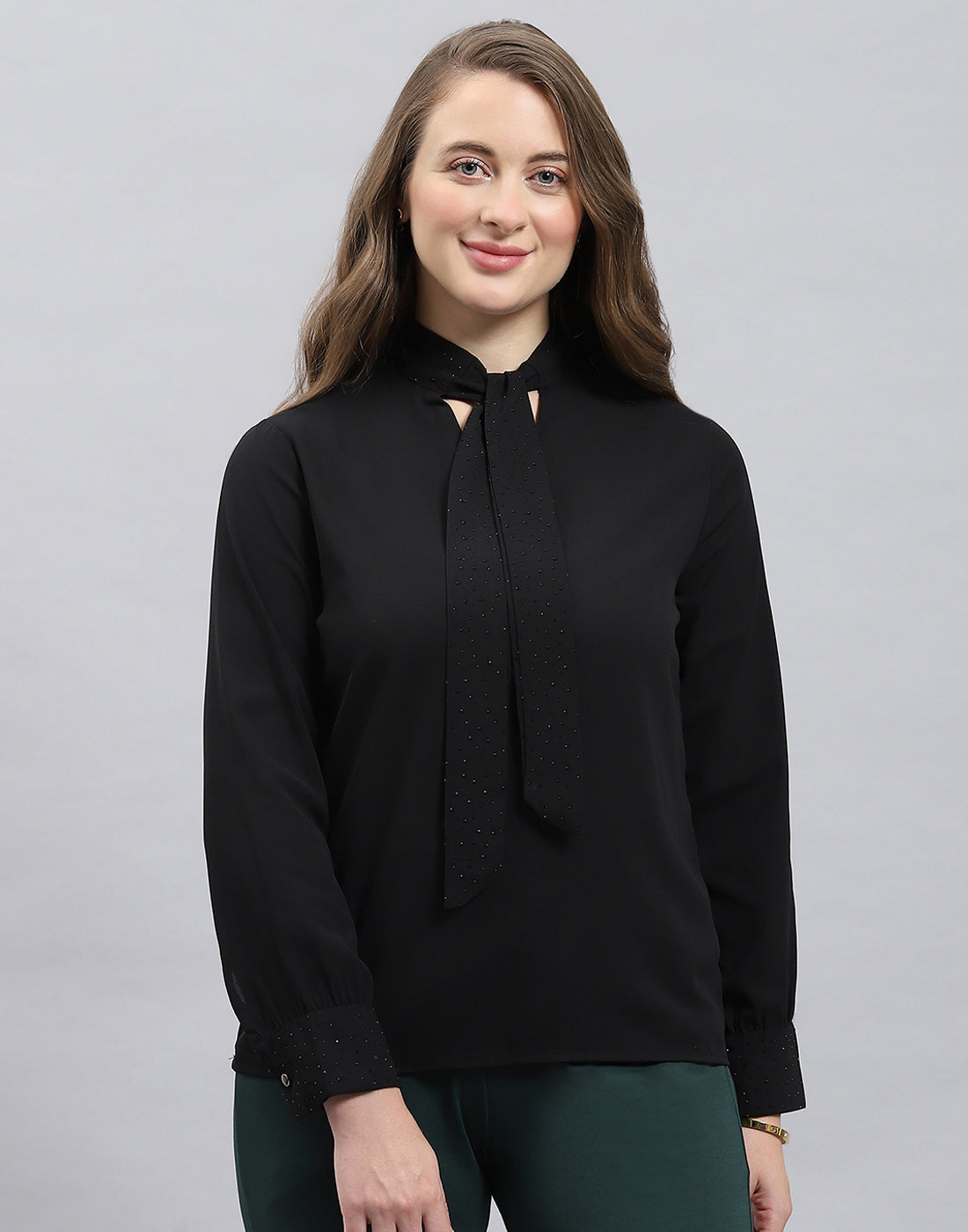 Women Black Solid Mock Neck Full Sleeve Winter Top