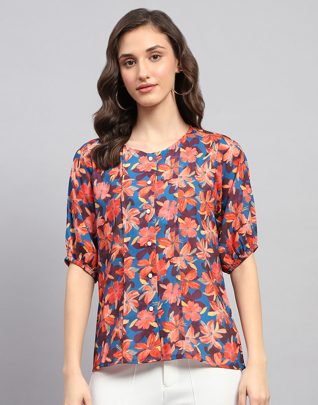 Women Blue Printed Round Neck Half Sleeve Top