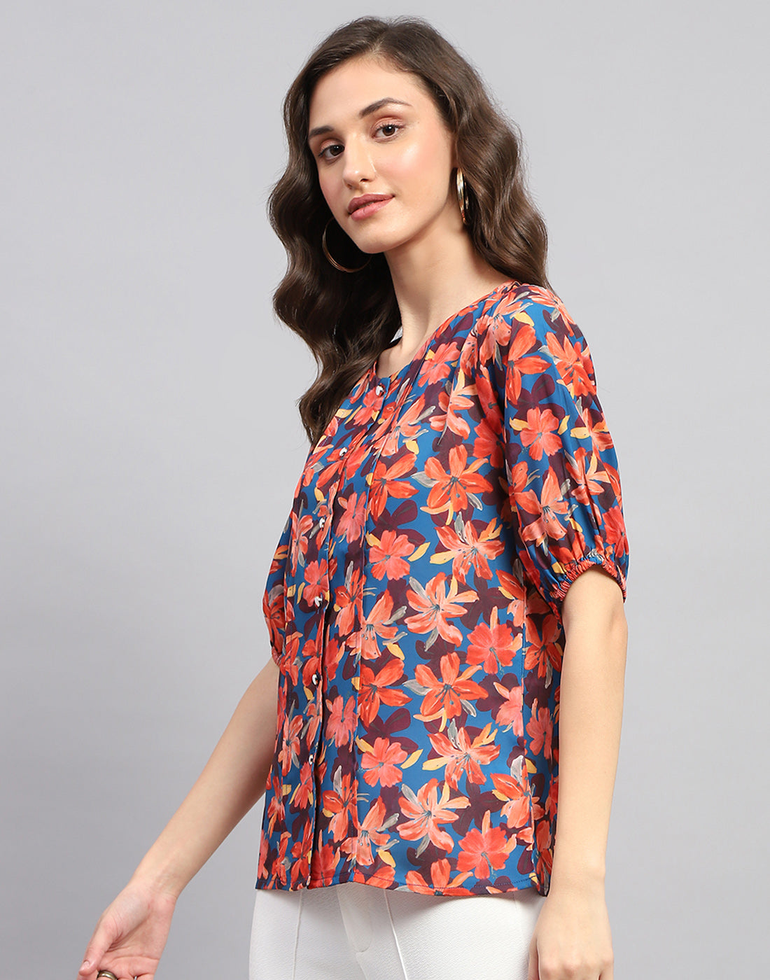 Women Blue Printed Round Neck Half Sleeve Top