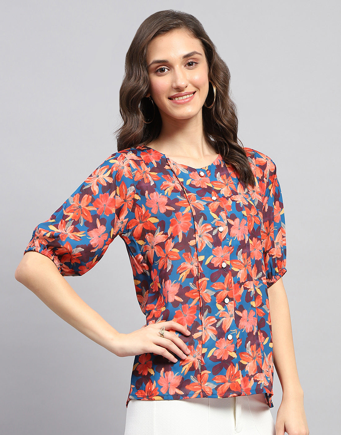 Women Blue Printed Round Neck Half Sleeve Top