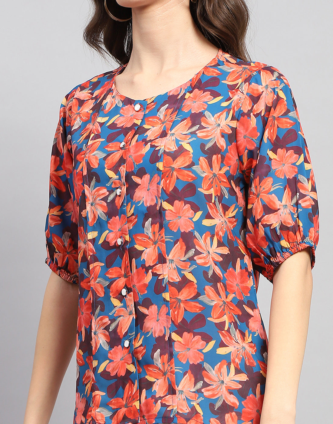 Women Blue Printed Round Neck Half Sleeve Top