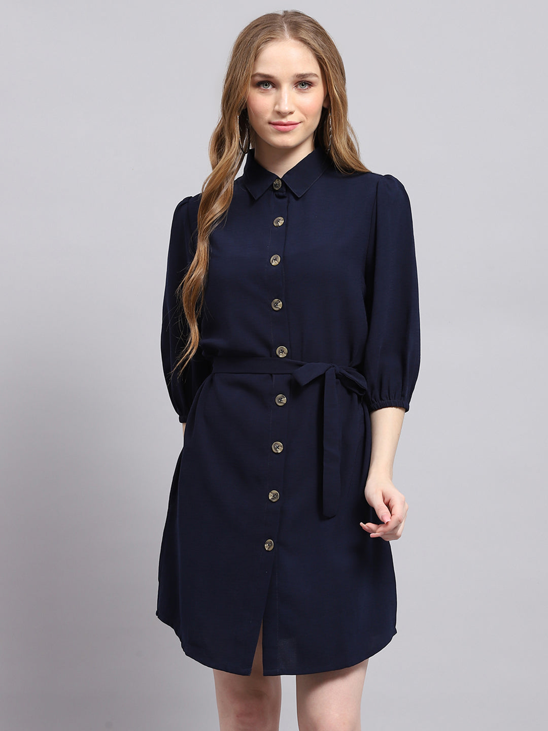 Women Navy Blue Solid Collar 3/4th Sleeve Dress