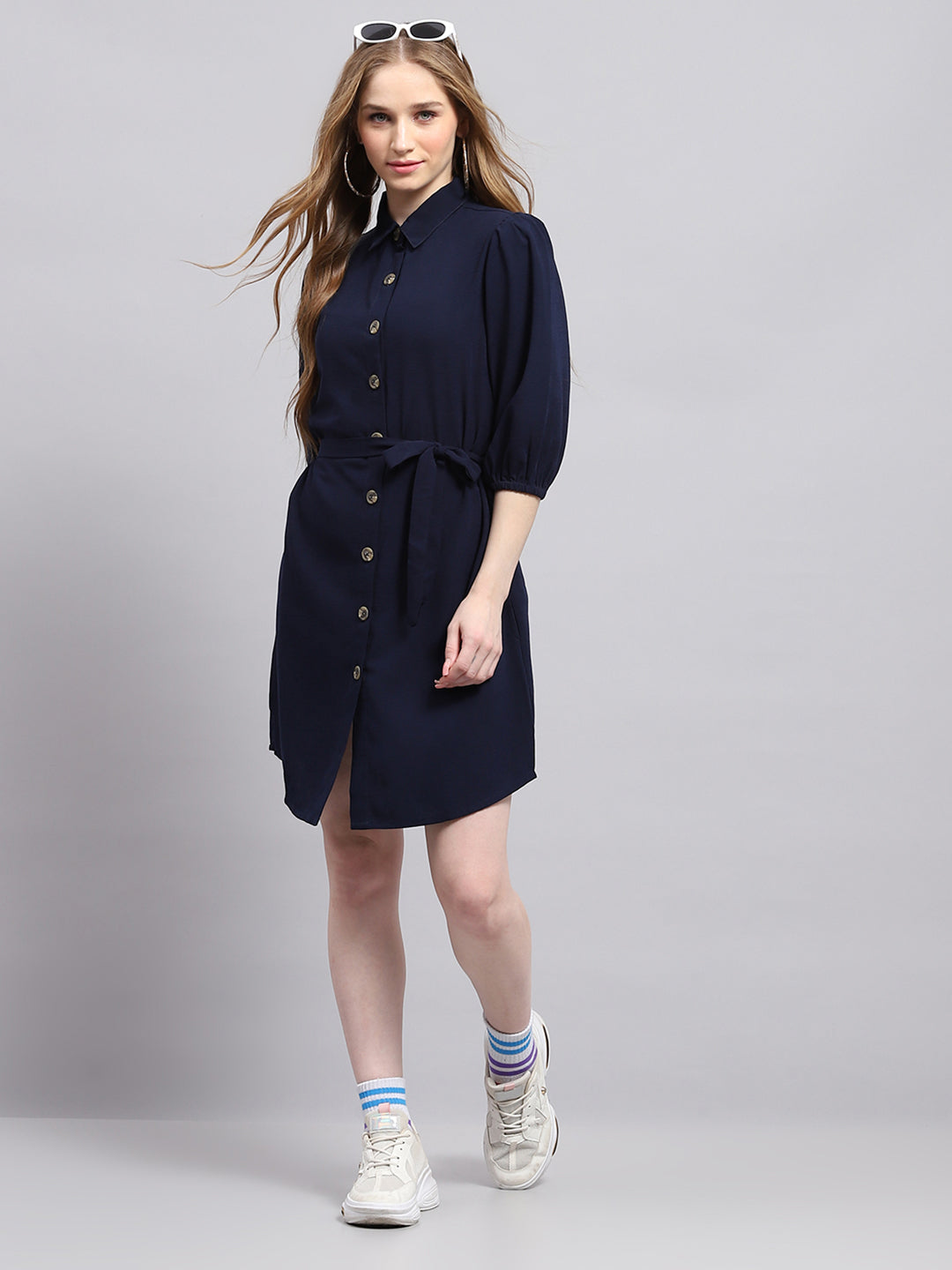 Women Navy Blue Solid Collar 3/4th Sleeve Dress