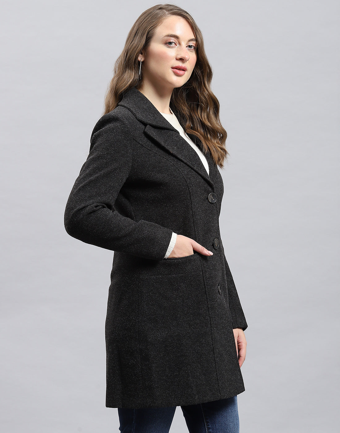 Women Grey Solid Notch Lapel Collar Full Sleeve Coat