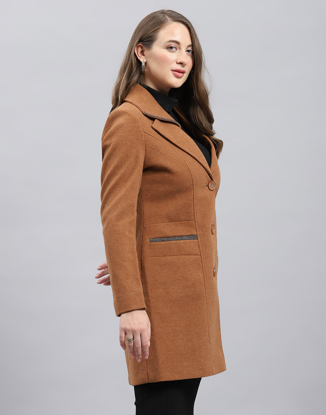 Women Brown Solid Notch Lapel Collar Full Sleeve Coat