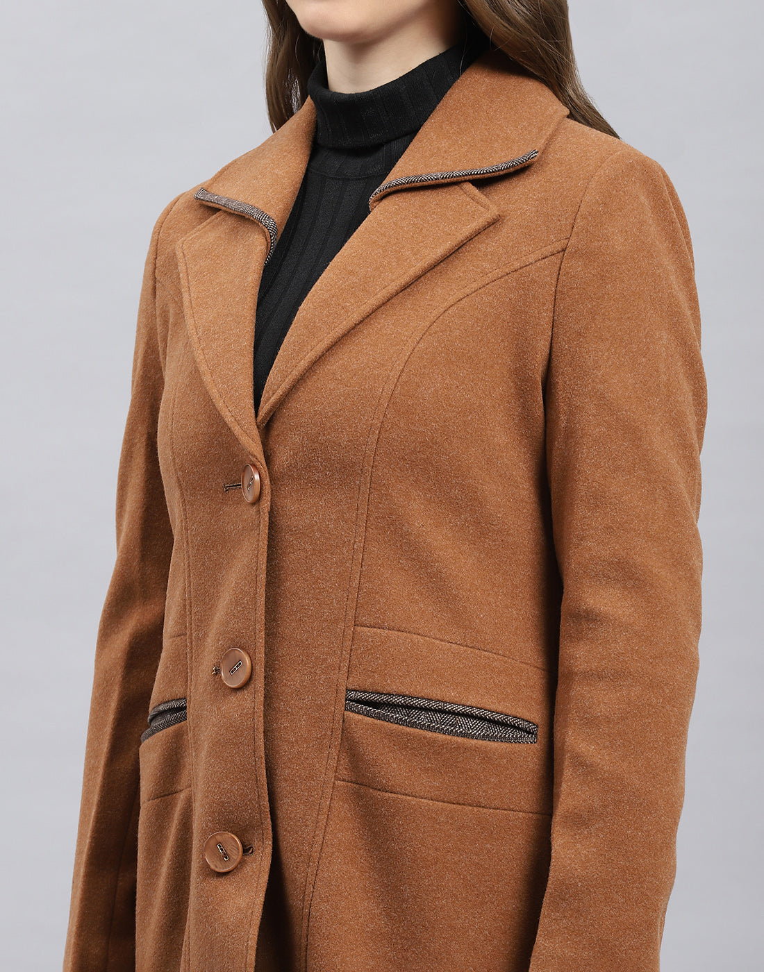 Women Brown Solid Notch Lapel Collar Full Sleeve Coat