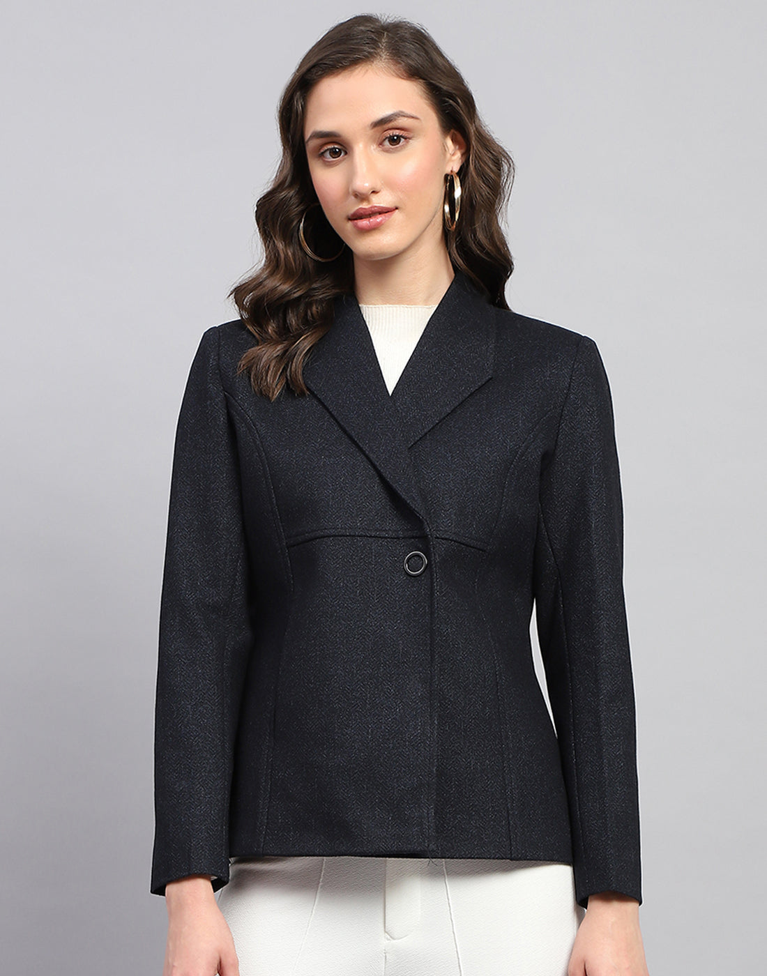 Women Navy Blue Solid Notch Lapel Collar Full Sleeve Coat