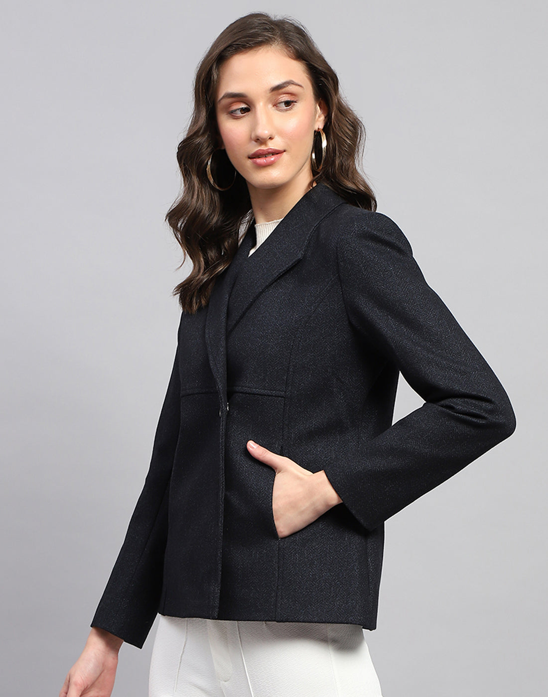 Women Navy Blue Solid Notch Lapel Collar Full Sleeve Coat