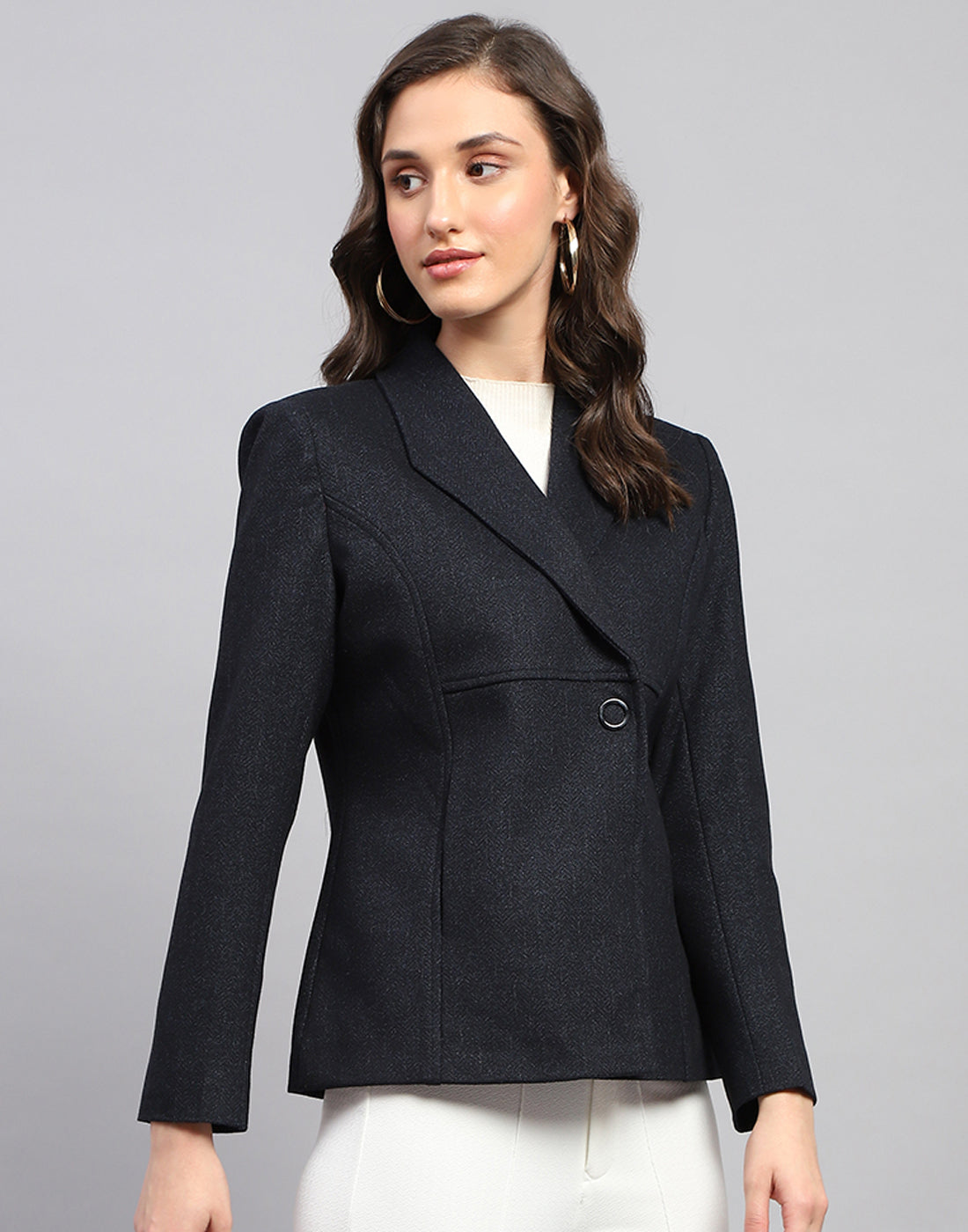 Women Navy Blue Solid Notch Lapel Collar Full Sleeve Coat