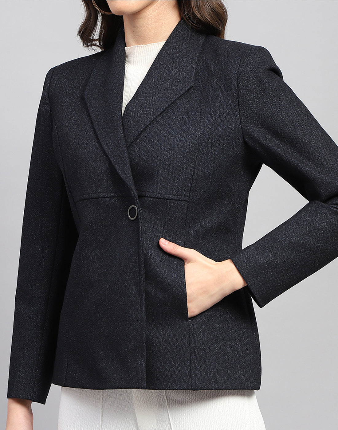 Women Navy Blue Solid Notch Lapel Collar Full Sleeve Coat