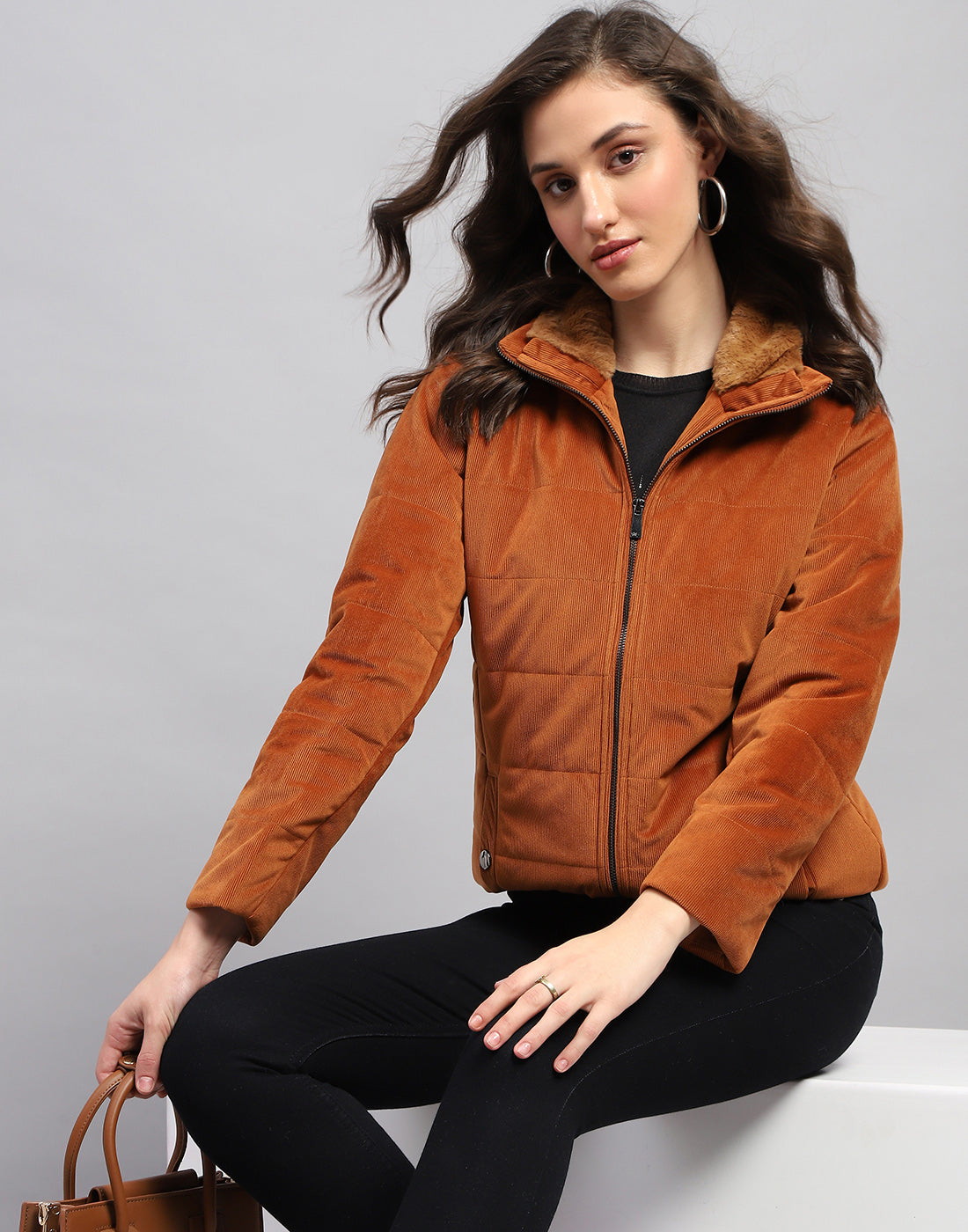 Women Rust Solid High Neck Full Sleeve Jacket