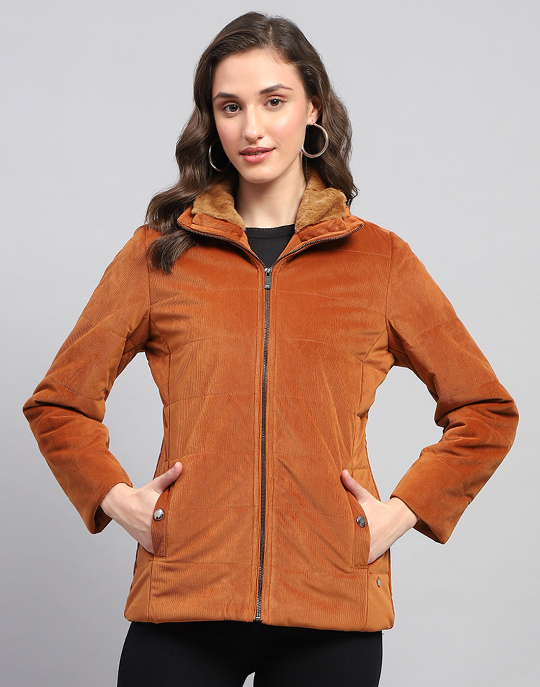 Women Rust Solid High Neck Full Sleeve Jacket