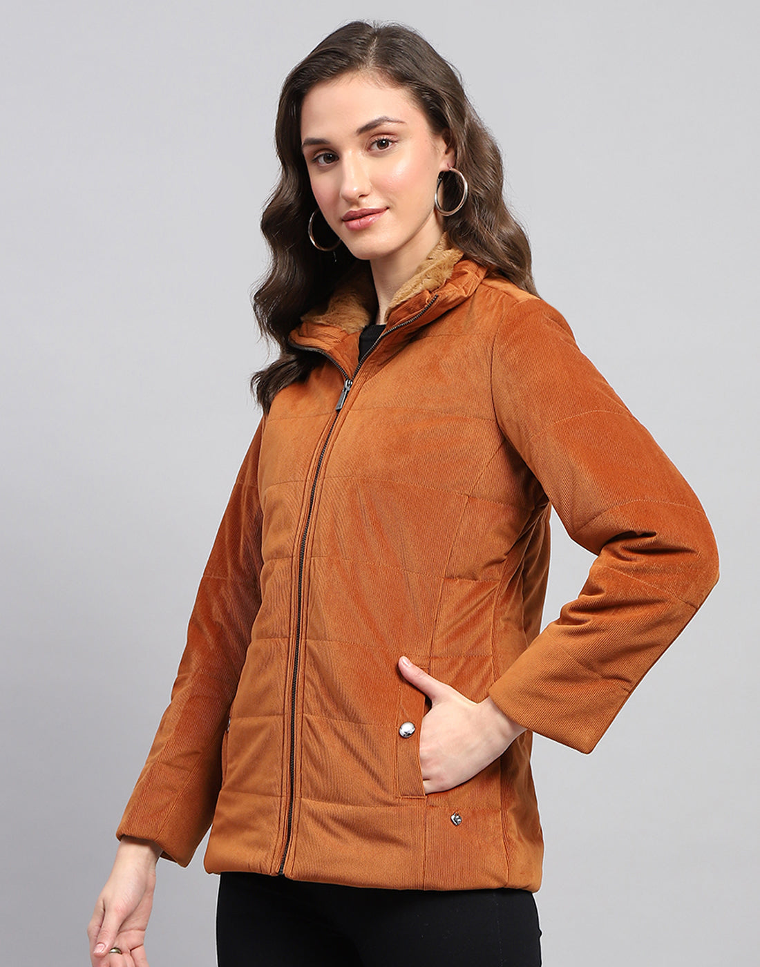 Women Rust Solid High Neck Full Sleeve Jacket