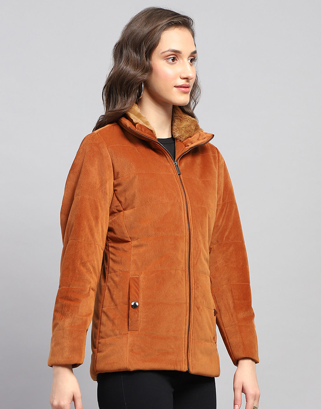 Women Rust Solid High Neck Full Sleeve Jacket